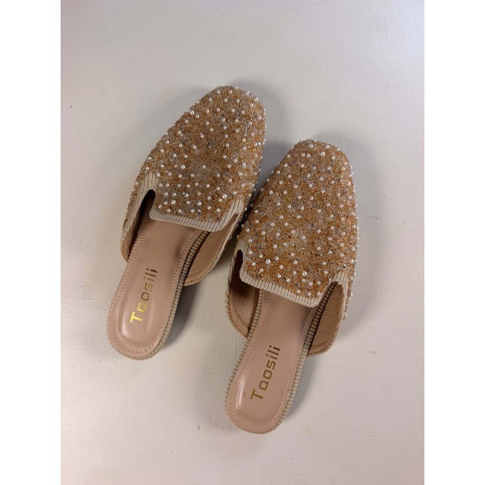 Taosili Mules Women 7.5 Gold Y2K Beaded Faux Pearl Embellished Square Toe Slides